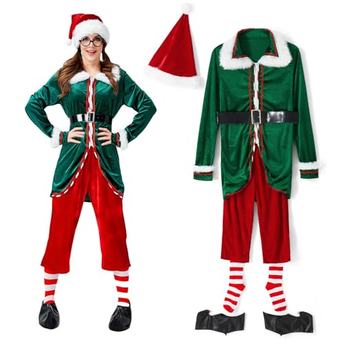 YILEEGOO Elfenkostüm für Erwachsene, Unisex, für Herren und Damen, Weihnachts-Kostüm, grüne Oberteile, rote Hose, Mützen, Gürtel, Socken, Elfenschuhe (grüner Damenhosenanzug 1, Größe M) von YILEEGOO