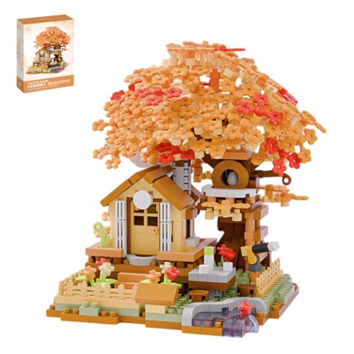 Orange Sakura-Baumhaus Mini Bausteine Bausatz, 690 Teile Sakura-Baumhaus Modular Haus Architektur Mikro Bauklötze Modellbausätze, MOC Klemmbausteine Modellbausatz, Nicht Kompatibel mit Großen Marken von YILETKC