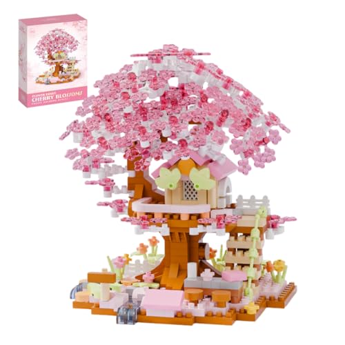 Rosa Sakura-Baumhaus Mini Bausteine Bausatz, 690 Teile Sakura- Baumhaus Modular Haus Architektur Mikro Bauklötze Modellbausätze, MOC Klemmbausteine Modellbausatz, Nicht Kompatibel mit Großen Marken von YILETKC