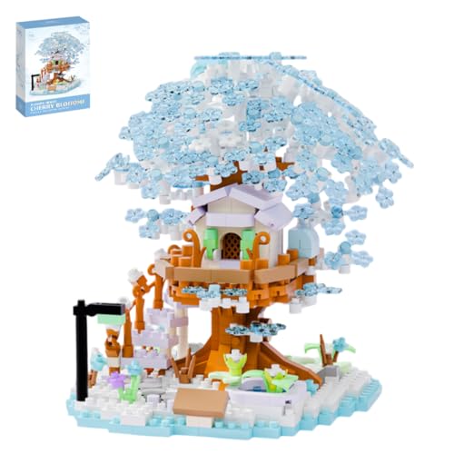 YILETKC Blau Sakura-Baumhaus Bausteine Bausatz, 690 Teile Sakura-Baumhaus Modular Haus Architektur Bauklötze Modellbausätze, MOC Kreativität Klemmbausteine Modellbausatz, Kompatibel mit Großen Marken von YILETKC