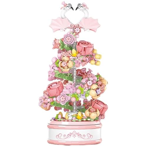 YILETKC Rotierende Blume Musikbox Bausteine Bausatz, 713 Teile Drehbare Spieluhr Architektur Bauklötze Modellbausätze, MOC Kreativität Klemmbausteine Modellbausatz, Kompatibel mit Großen Marken von YILETKC