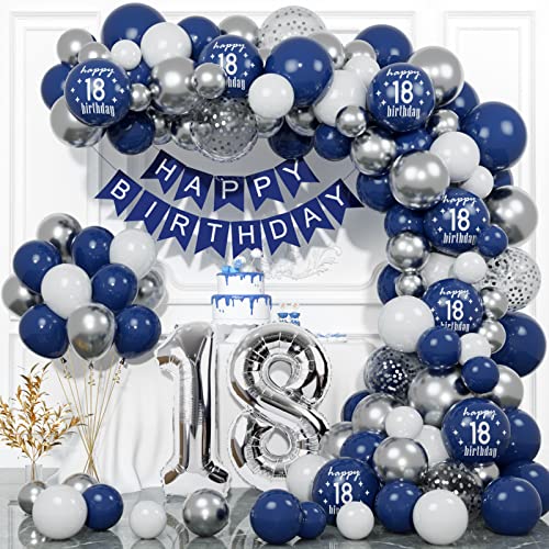 18 Geburtstag Deko, 18. Geburtstag Junge Mädchen, Blau Silber Geburtstagsdeko 18 Junge, Happy Birthday Girlande Luftballon Girlande, Deko 18. Geburtstag Konfetti Luftballons, Birthday Party Deko von YIMAKJ