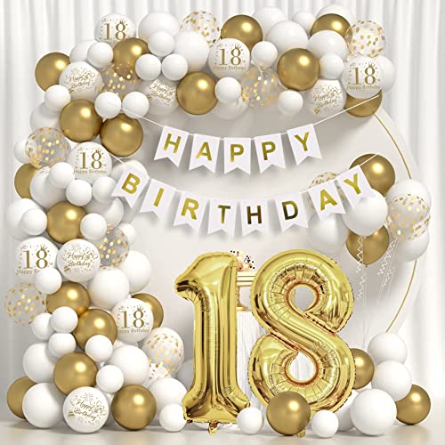 YIMAKJ 18 Geburtstag Deko, 18. Geburtstag Mädchen Junge, 18 Jahr Geburtstagdeko, Happy Birthday Luftballons Girlande Weiß Gold Deko, Geburtstag Konfetti Luftballons, 18 Happy Birthday Banner von YIMAKJ