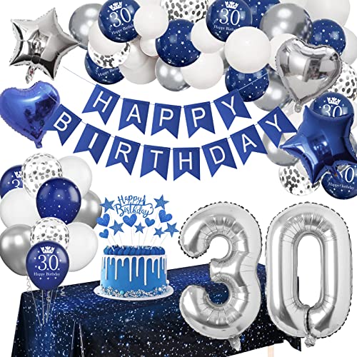 30 Geburtstag Deko, 30 Geburtstag Deko Mann Frauen, Deko 30. Geburtstag Blau Silber Luftballons mit Happy Birthday Banner Tischdecken, Dekoration 30 Geburtstag für Birthday Party Deko von YIMAKJ