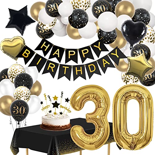 30 Geburtstag Deko, Deko 30 Geburtstag Männer Frau, Schwarz Gold Luftballons Deko 30. Geburtstag mit Happy Birthday Banner Tischdecken, Geburtstagsdeko 30 für Birthday Party Deko von YIMAKJ