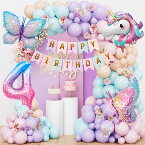 Schmetterling Einhorn Geburtstagsdeko 4 Jahre Mädchen, Einhorn Deko Kindergeburtstag, Schmetterling Deko Geburtstag, Pastell Luftballons Girlande, Geburtstagsdeko Mädchen 4 Jahre von YIMAKJ