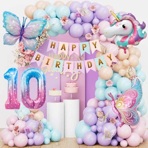 Schmetterling Einhorn Geburtstagsdeko 10 Jahre Mädchen, Einhorn Deko Kindergeburtstag, Schmetterling Deko Geburtstag, Pastell Luftballons Girlande, Geburtstagsdeko Mädchen 10 Jahre von YIMAKJ