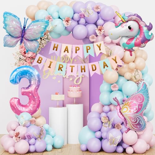Schmetterling Einhorn Geburtstagsdeko 3 Jahre Mädchen, Einhorn Deko Kindergeburtstag, Schmetterling Deko Geburtstag, Pastell Luftballons Girlande, Geburtstagsdeko Mädchen 3 Jahre von YIMAKJ