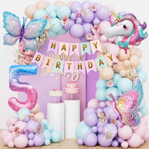 Schmetterling Einhorn Geburtstagsdeko 5 Jahre Mädchen, Einhorn Deko Kindergeburtstag, Schmetterling Deko Geburtstag, Pastell Luftballons Girlande, Geburtstagsdeko Mädchen 5 Jahre von YIMAKJ