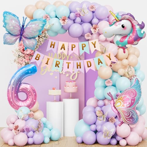Schmetterling Einhorn Geburtstagsdeko 6 Jahre Mädchen, Einhorn Deko Kindergeburtstag, Schmetterling Deko Geburtstag, Pastell Luftballons Girlande, Geburtstagsdeko Mädchen 6 Jahre von YIMAKJ