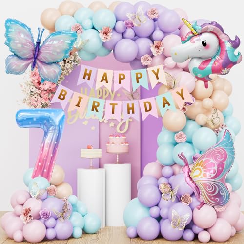 Schmetterling Einhorn Geburtstagsdeko 7 Jahre Mädchen, Einhorn Deko Kindergeburtstag, Schmetterling Deko Geburtstag, Pastell Luftballons Girlande, Geburtstagsdeko Mädchen 7 Jahre von YIMAKJ