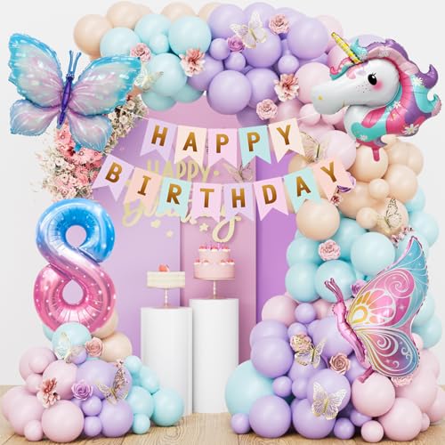 Schmetterling Einhorn Geburtstagsdeko 8 Jahre Mädchen, Einhorn Deko Kindergeburtstag, Schmetterling Deko Geburtstag, Pastell Luftballons Girlande, Geburtstagsdeko Mädchen 8 Jahre von YIMAKJ