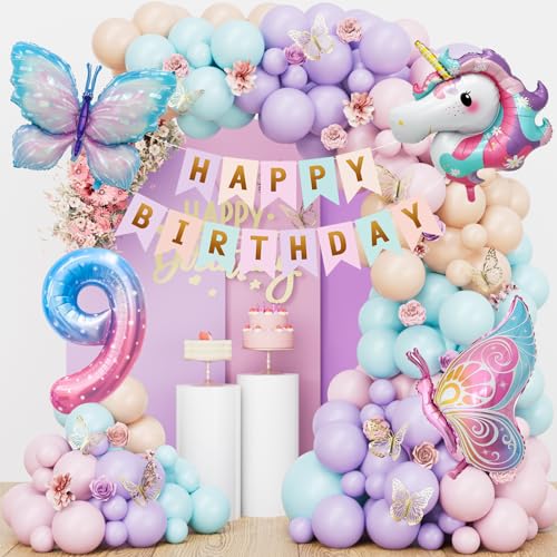 Schmetterling Einhorn Geburtstagsdeko 9 Jahre Mädchen, Einhorn Deko Kindergeburtstag, Schmetterling Deko Geburtstag, Pastell Luftballons Girlande, Geburtstagsdeko Mädchen 9 Jahre von YIMAKJ