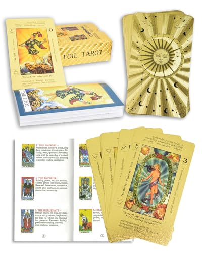 Goldfolie Tarotkarten Deck, 78 Karten mit Anleitung, wasserdichtes PVC-Design, himmlische Sonne, Mond Muster Goldfolie Tarotkarten Deck, 78 Karten mit Anleitung, wasserdichtes PVC-Design, himmlische Sonne, Mond Muster von YIMINGOUFEI