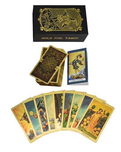 YIMINGOUFEI 78 teiliges Goldfolien Tarot Deck, Goldkarten mit 36 seitigem Reiseführer, PVC, wasserdicht und faltenfrei, Tarotkarten Decks für Anfänger, wasserdicht und langlebig (Goldmuster, Gold) von YIMINGOUFEI