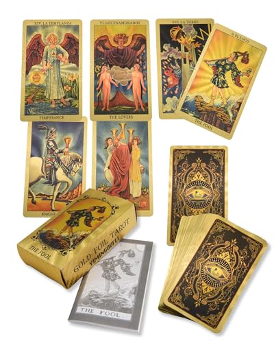 YIMINGOUFEI Zweisprachige Tarotkarten, 78 Karten in Spanisch und Englisch, Mystisches Deck mit 28-seitigem Guide, goldenes Design, wasserdichtes PVC von YIMINGOUFEI