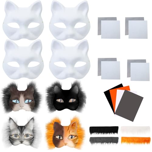 YIMINI 4 Stück Katzenmasken Zum Bemalen, Masken Basteln, Katzenmasken Zu Malen Filz, Katzen Maske, Maske Kunsthandwerk Kit, Therian Mask, Für Halloween, Party, Maskerade, Cosplay (D, 24) von YIMINI