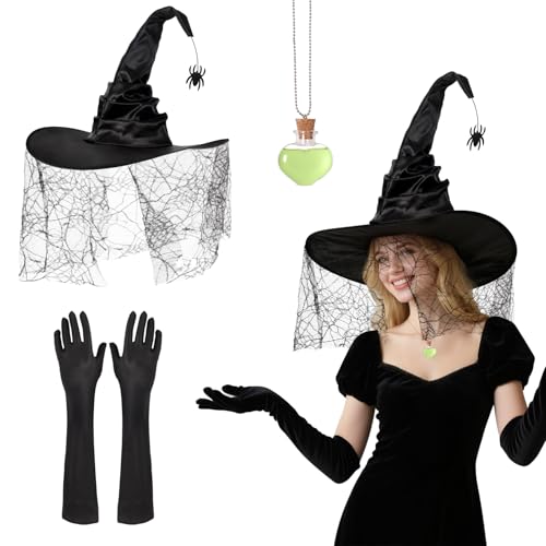 3er Hexenhut Damen Set,Eleganter Hexen Hut mit Spinnen + Zaubertrank Halskette + Handschuhe,Hexenhut Schwarz Witch Hat Halloween Kostüm Damen Hexe Accessoires für Halloween,Festival,Verkleidung,Party 3er Hexenhut Damen Set,Eleganter Hexen Hut mit Spinnen + Zaubertrank Halskette + Handschuhe,Hexenhut Schwarz Witch Hat Halloween Kostüm Damen Hexe Accessoires für Halloween,Festival,Verkleidung,Party von YIMOJOY