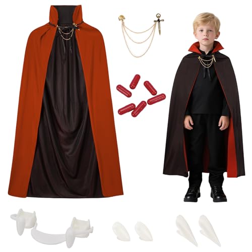 YIMOJOY Vampir Kostüm,Stehkragen Vampir Umhang Kinder 90cm mit Brosche & Vampirzähne & Kunstblut Set,Halloween Kostüm Kinder Vampire Dracula Cape Vampirumhang Verkleidung für Halloween Karneval von YIMOJOY