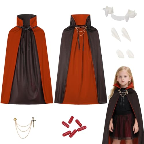 6er Vampir Kostüm Kinder Set,90CM/120CM Doppelseitig Vampir Umhang mit Kragen & 3 Typen Vampirzähne & Kunstblut & Brosche,Halloween Kostüm Kinder Dracula Kostüme Vampirumhang Junge Mädchen Fasching von YIMOJOY
