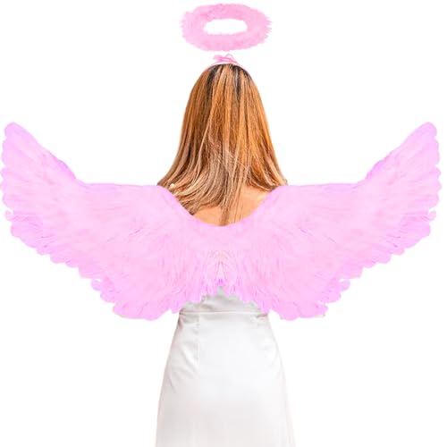 YIMOJOY Engelsflügel Rosa mit Heiligenschein,75CM Engelsflügel Kinder Kostüm Engel Flügel für Mädchen,Federflügel Engel für Halloween Karneval Cosplay Party Fasching Kostümparty von YIMOJOY