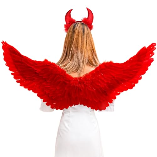 Engelsflügel Rot mit Teufelshörner,105CM Erwachsene Engelflügel Damen Engel Flügel Kostüm Damen Federflügel Karneval Flügel für Halloween Karneval Cosplay Party von YIMOJOY