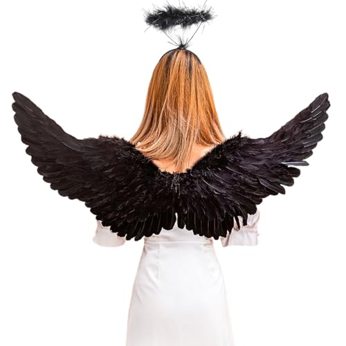 Engelsflügel Schwarz mit Heiligenschein,105CM Erwachsene Engelflügel Damen Engel Flügel Kostüm Damen Federflügel Karneval Flügel für Halloween Karneval Cosplay Party von YIMOJOY