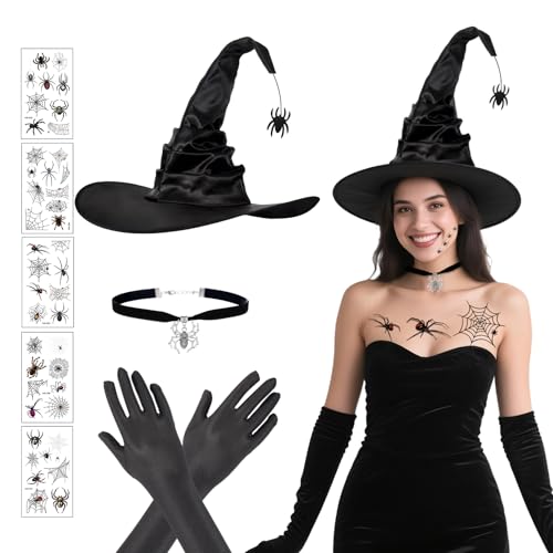 YIMOJOY 4er Hexenhut Damen mit Hexen Accessoires Set,Schwarzer Hexenhut mit Spinnenanhänger & Lange Handschuhe & Spinnen Tattoo & Gotisch Halskette,Halloween Kostüm Hexe Hut Frauen Zubehör Witch Hat YIMOJOY 4er Hexenhut Damen mit Hexen Accessoires Set,Schwarzer Hexenhut mit Spinnenanhänger & Lange Handschuhe & Spinnen Tattoo & Gotisch Halskette,Halloween Kostüm Hexe Hut Frauen Zubehör Witch Hat von YIMOJOY