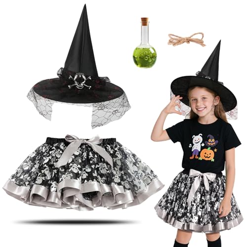 YIMOJOY 4er Hexenkostüm Mädchen Set - Halloween Hexen Kostüm Kinder Tutu Rock mit Hut Hexen & Zaubertrank Flasche,3-8 Jahre Hexenkostüm Kinder Halloween Kostüm Mädchen Hexenkleid Witch Costume von YIMOJOY