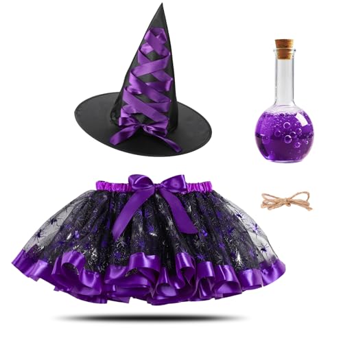 YIMOJOY 4er Hexenkostüm Mädchen Set - Halloween Hexen Kostüm Kinder Tutu Rock mit Hut Hexen & Zaubertrank Flasche,3-8 Jahre Hexenkostüm Kinder Halloween Kostüm Mädchen Hexenkleid Witch Costume von YIMOJOY