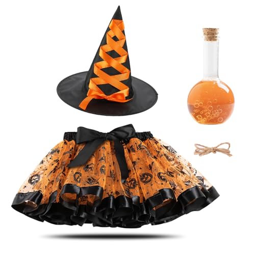 YIMOJOY 4er Hexenkostüm Mädchen Set - Halloween Hexen Kostüm Kinder Tutu Rock mit Hut Hexen & Zaubertrank Flasche,3-8 Jahre Hexenkostüm Kinder Halloween Kostüm Mädchen Hexenkleid Witch Costume von YIMOJOY