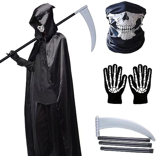 YIMOJOY 4er Sensenmann Kostüm Herren Set - Halloween Kostüm Männer Gruselig 120/150/170/190CM Unisex Erwachsene Sensenmann Umhang mit Sense Schädelmaske SchädeHandschuhe(XL) von YIMOJOY