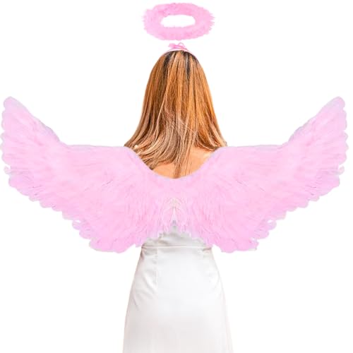 Engelsflügel Rosa mit Heiligenschein,105CM Erwachsene Engelflügel Damen Engel Flügel Kostüm Damen Federflügel Karneval Flügel für Halloween Karneval Cosplay Party von YIMOJOY