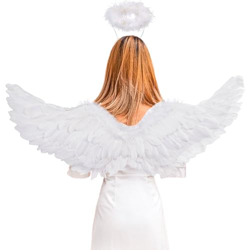 YIMOJOY Engelsflügel Weiß mit Heiligenschein,105CM Erwachsene Engelflügel Damen Engel Flügel Kostüm Damen Federflügel Karneval Flügel für Halloween Karneval Cosplay Party von YIMOJOY