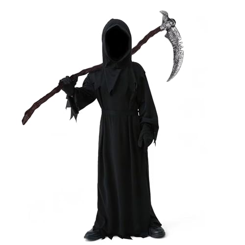 YIMOJOY Halloween Kostüm Gruselig Sensenmann Kostüm Kinder mit Sense,Masken,Handschuhe - Kinderkostüm Sensenmann Jungen Reaper Halloween Kostüm für Kinder Karnevals Cosplay(S:5–7 Jahre) von YIMOJOY