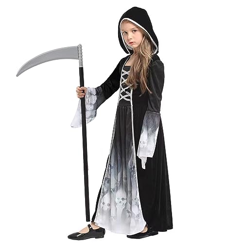 YIMOJOY Halloween Kostüm Mädchen- Horror Gespensterprinzessin Kostüm mit Sense,Gruselig Sensenmann Halloween Kostüm Kinder Mädchen Reaper Kostüm für Karnevals Party Fasching(10–12 Jahre) von YIMOJOY