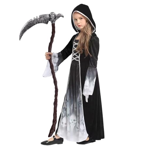YIMOJOY Halloween Kostüm Mädchen- Horror Gespensterprinzessin Kostüme mit Sense,Gruselig Sensenmann Halloween Kostüm Kinder Mädchen Reaper Costume für Karnevals Party Fasching(10–12 Jahre) von YIMOJOY