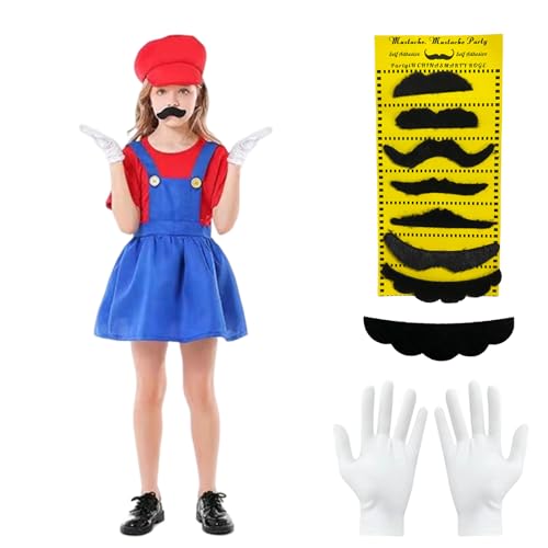 YIMOJOY Klempner Luigi Bros Kostüm Kinder Cosplay Faschingskostüme Mädchen Maario Kostüm Set Kart Kostüm mit Mütze & Bart Handschuhe für Halloween Cosplay Karneval(L) von YIMOJOY