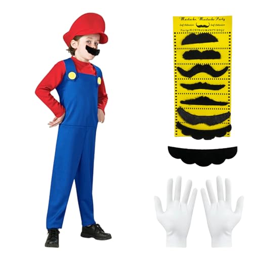 YIMOJOY Klempner Luigi Bros Kostüm Kinder Faschingskostüme Jungen Maario Kostüm Set Kart Kostüm mit Mütze & Bart Handschuhe für Halloween Cosplay Karneval(M) von YIMOJOY