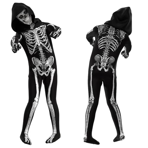 YIMOJOY Skelett Kostüm Kinder Halloween Kostüm Skelett Unisex Grim Reaper Kostüme Skelett Kinderkostüm Jungen Mädchen für Halloween Party Karnevals Cosplay Faschings(10–12 Jahre) von YIMOJOY