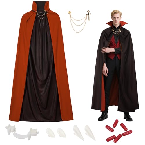 YIMOJOY Vampir Kostüm,Stehkragen Vampir Umhang Erwachsener 150cm mit Brosche & Vampirzähne & Kunstblut Set,Halloween Kostüm Herren Vampire Dracula Cape Vampirumhang Verkleidung für Halloween Karneval YIMOJOY Vampir Kostüm,Stehkragen Vampir Umhang Erwachsener 150cm mit Brosche & Vampirzähne & Kunstblut Set,Halloween Kostüm Herren Vampire Dracula Cape Vampirumhang Verkleidung für Halloween Karneval von YIMOJOY