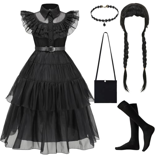 YIMOJOY Wednesday Kostüm Kinder Mädchen 6 Stück Deluxe Schwarzer Kleid Set mit Perücke Wednesday Karneval Kostüm Cosplay Halloween Party Outfit(M) von YIMOJOY