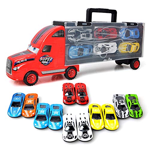 YIMORE Truck Set LKW Transportfahrzeug Autotransporter Tragegriff mit 12 Rennautos Spielzeug Geschenk für Jungen (Rot) von Sanlebi