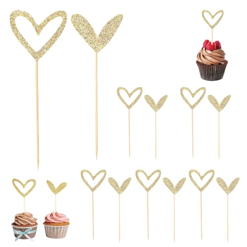 24 Stück Gold Glitter Herz Cupcake Topper Tortendeko Nettes Design Herzen Muffin Deko Herzförmige Deko-Aufhängung für Geburtstage,Jubiläum,Hochzeit,Party Dekorationen von YINGLUOEU