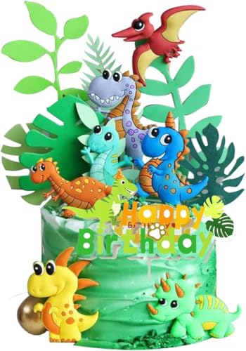 15-teiliges Set mit Dekorationen für Kindergeburtstagstorten, Cartoon-Dinosaurier-Tortendekorationen, Blattdekorationen, Dschungel-Tier-Partydekorationen, Geburtstagskarten für Kinder von YINcrinx