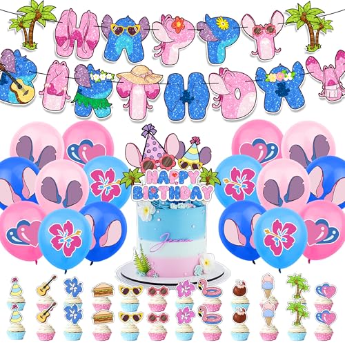 42-teiliges Set mit Gitarren- und Hawaii-Musik-Motiven für Geburtstagsdekorationen, Strand-Motiv-Banner, Kuchen-Dekorationen und Luftballons, Dekorationen für Kindergeburtstagsfeiern von YINcrinx
