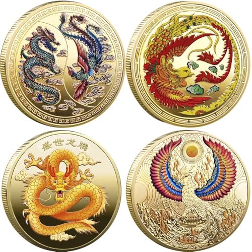 Chinesische Drachen-Glücksmünze, Glücksbringer, Glück und Wohlstand, Phönix, chinesische Herausforderungsmünze, 4 Stück Chinesische Drachen-Glücksmünze, Glücksbringer, Glück und Wohlstand, Phönix, chinesische Herausforderungsmünze, 4 Stück von YIQILAFADA