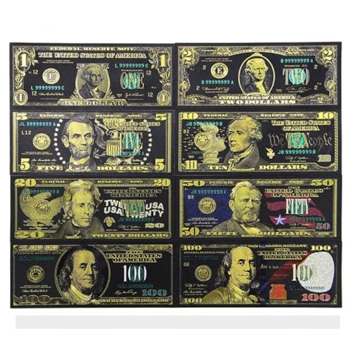 YIQILAFADA Dollarscheine in Schwarz, Gold, vergoldet, 1, 2, 5, 20, 50, 100 Dollar Banknoten, Golddollar-Kunst für Dekoration, Lesezeichen, 8 Stück YIQILAFADA Dollarscheine in Schwarz, Gold, vergoldet, 1, 2, 5, 20, 50, 100 Dollar Banknoten, Golddollar-Kunst für Dekoration, Lesezeichen, 8 Stück von YIQILAFADA