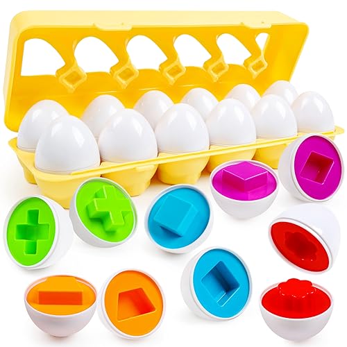 YIQOGAME Montessori Spielzeug 12er-Set Montessori Lernen Puzzle Geschenke für Jungen und Mädchen Passende Eier Set Osterei Farbe & Form Erkennung Sorter Puzzle von YIQOGAME