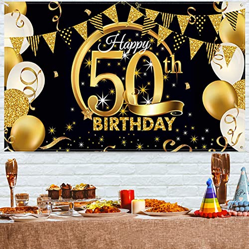 50. Geburtstagsfeier Dekorationen Banner, Hintergrund Banner Geburtstag, 50.Geburtstag Banner Schwarz Gold, Geburtstagsdeko Banner, wesentliche Dekoration für 50. Geburtstagsfeier(180 cmx 110cm) von YISKY